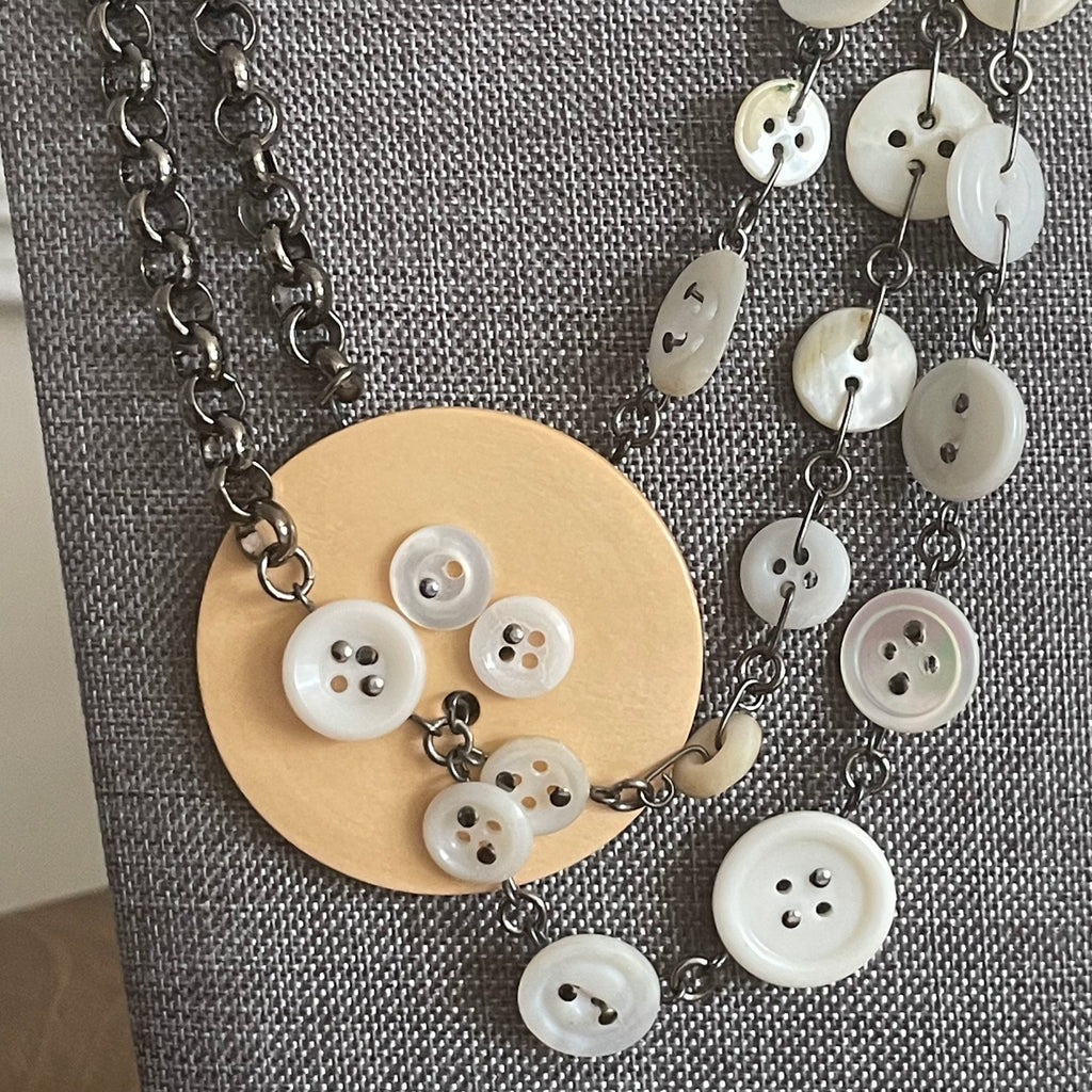 Upcycled Button & Gunmetal Chain Statement Necklace Women's Jewelry Maximalism Layered Fun Statement Piece