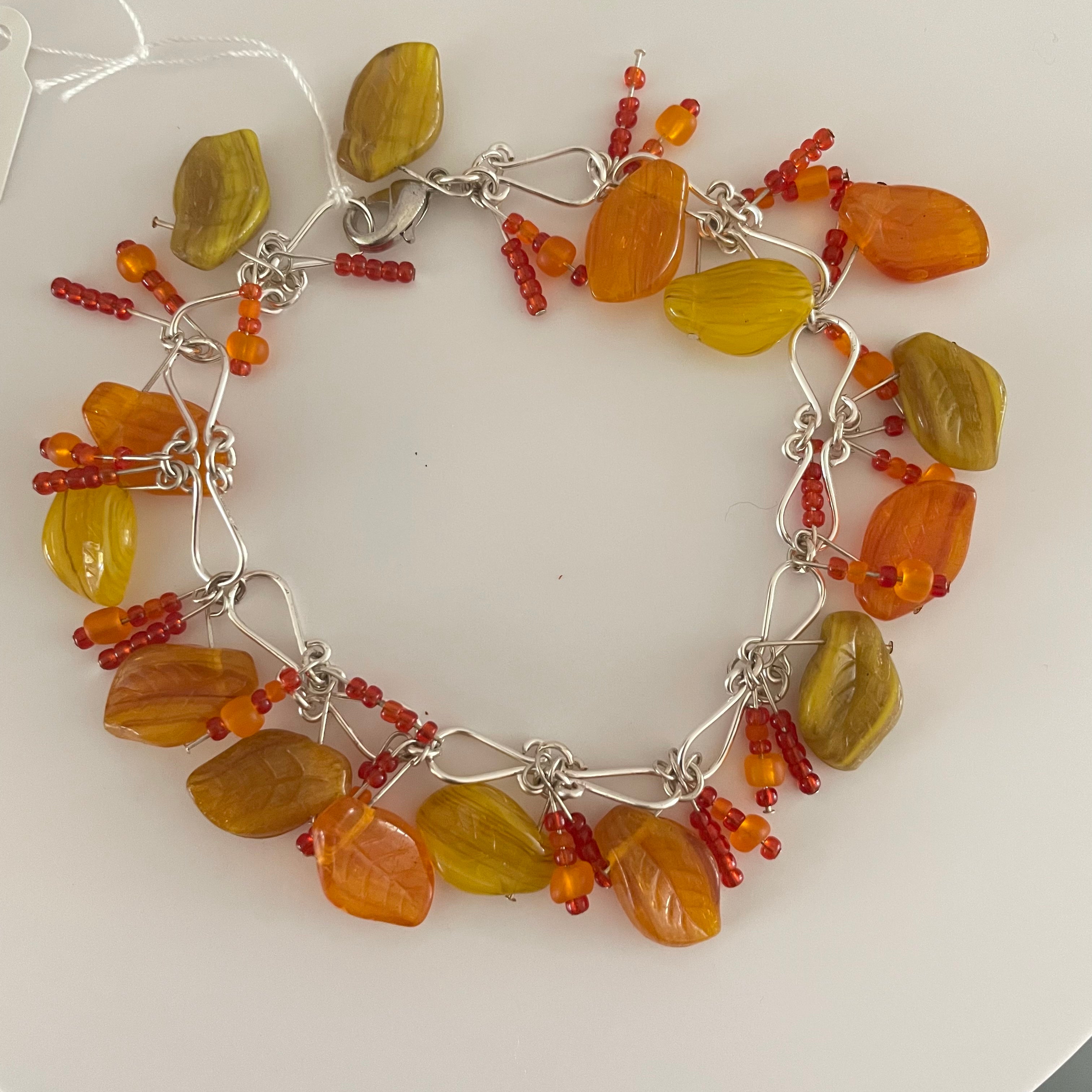 Textured Glass Fall Leaves & Hand-turned Link Bracelet 8.25" Autumn Orange Yellow Green Chunky Dangles