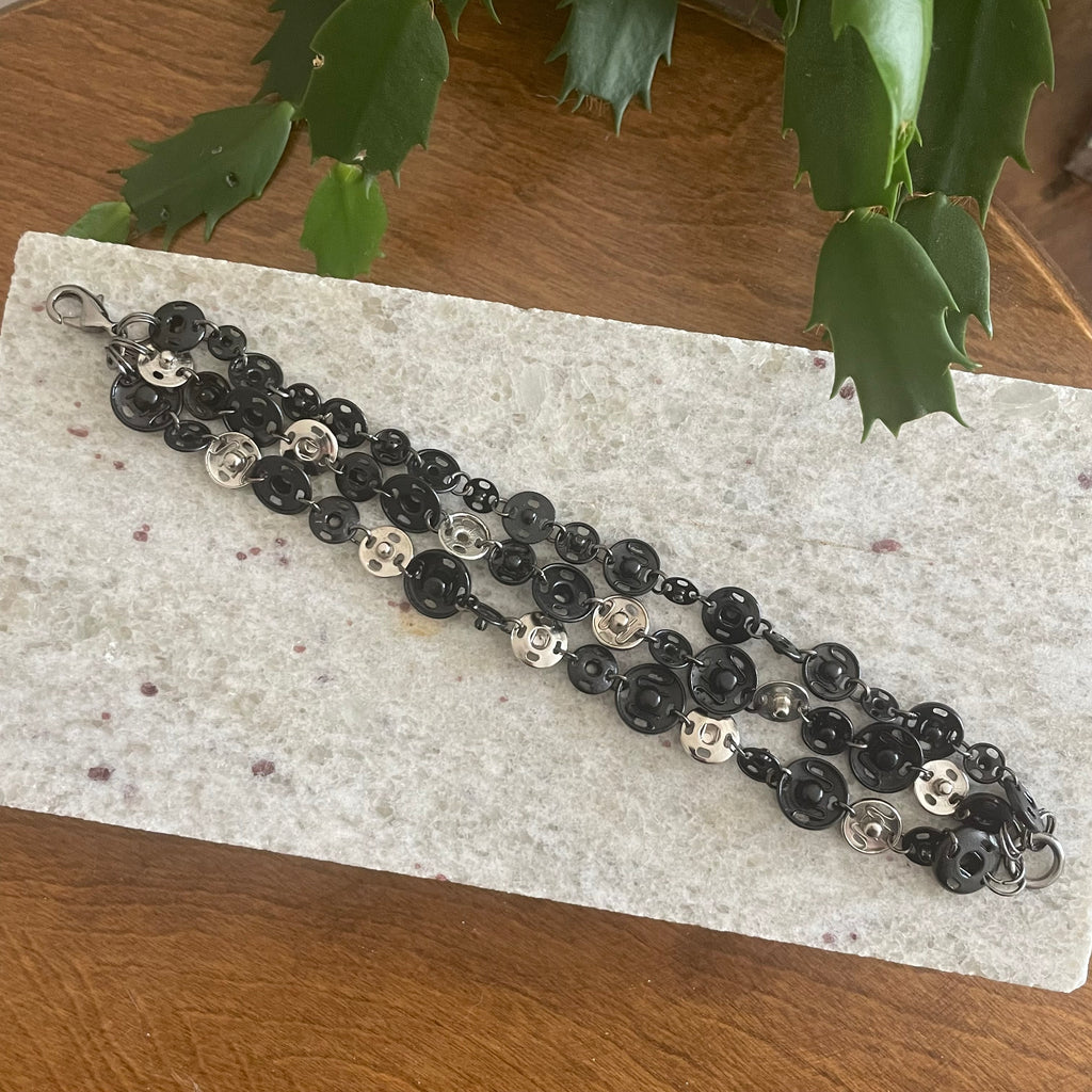 Tri-layer Snap Bracelet Black Silver Casual Upcycled Women's Jewelry Fun Hand Crafted Gift Idea Crafters Maximalist Lightweight