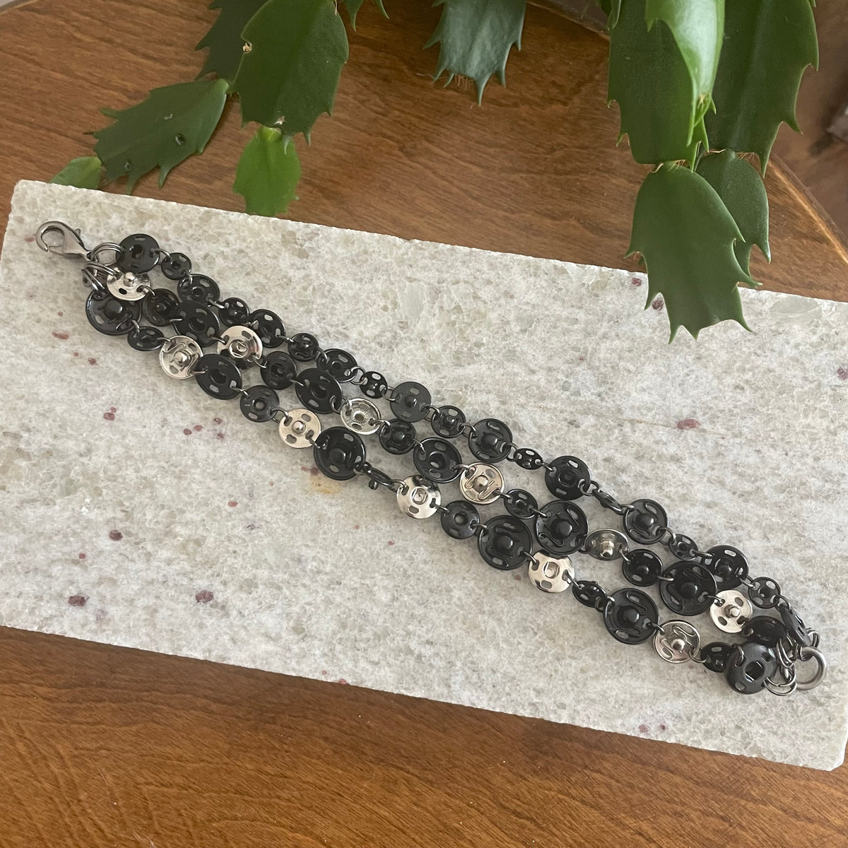 Tri-layer Snap Bracelet Black Silver Casual Upcycled Women's Jewelry Fun Hand Crafted Gift Idea Crafters Maximalist Lightweight
