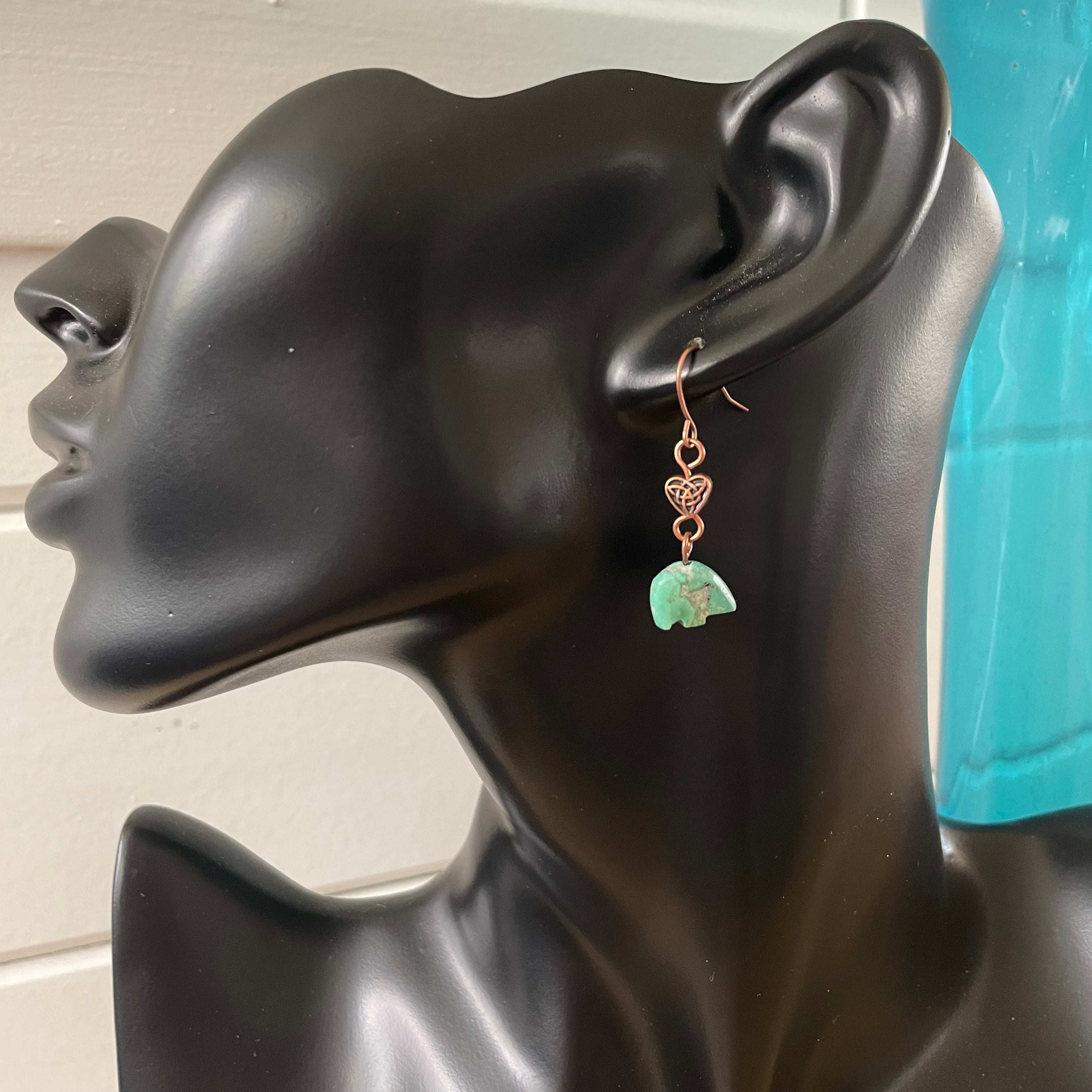 Handmade Carved Turquoise Bear Dangle Earrings 1.38" Copper Celtic Knot Heart Southwestern Western Animal