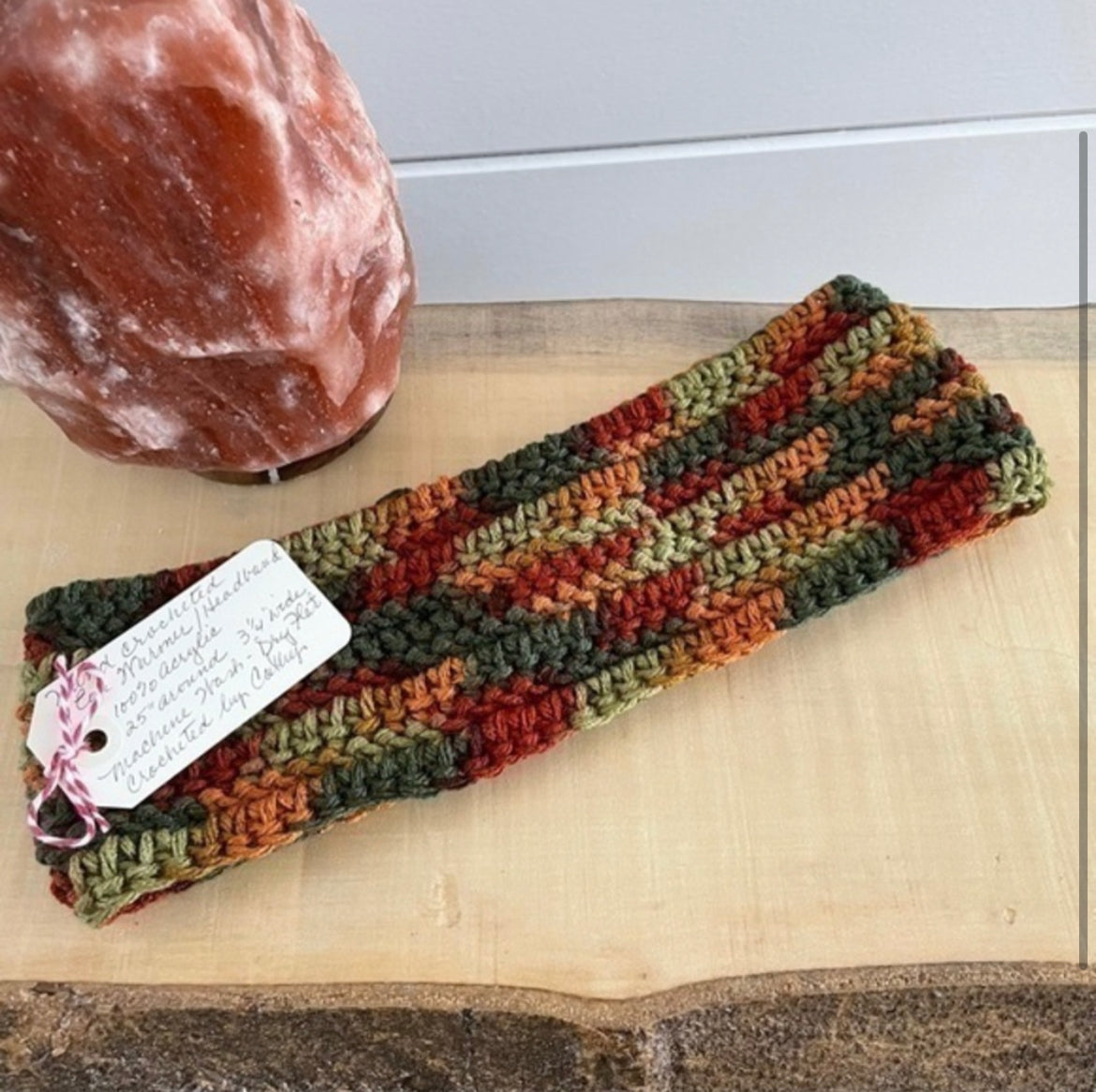 Autumn Whimsy & Wood Button Ear Warmer 25" Headband Crochet Knit Hand Crafted Outdoor Fall Winter Hiking Running Red Orange Green