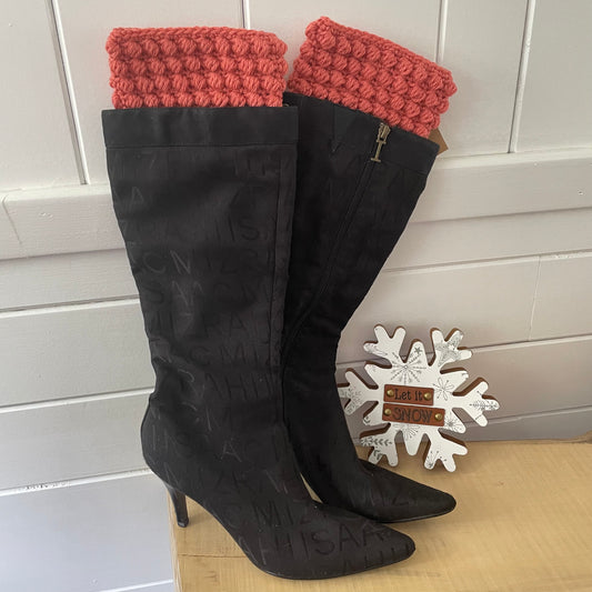 Boot Cuffs in Rusty Salmon Puff Stitch 11.5" Hand Crocheted Knit Fall Winter Hiking Indoor Outdoor Cozy Leg Warmers