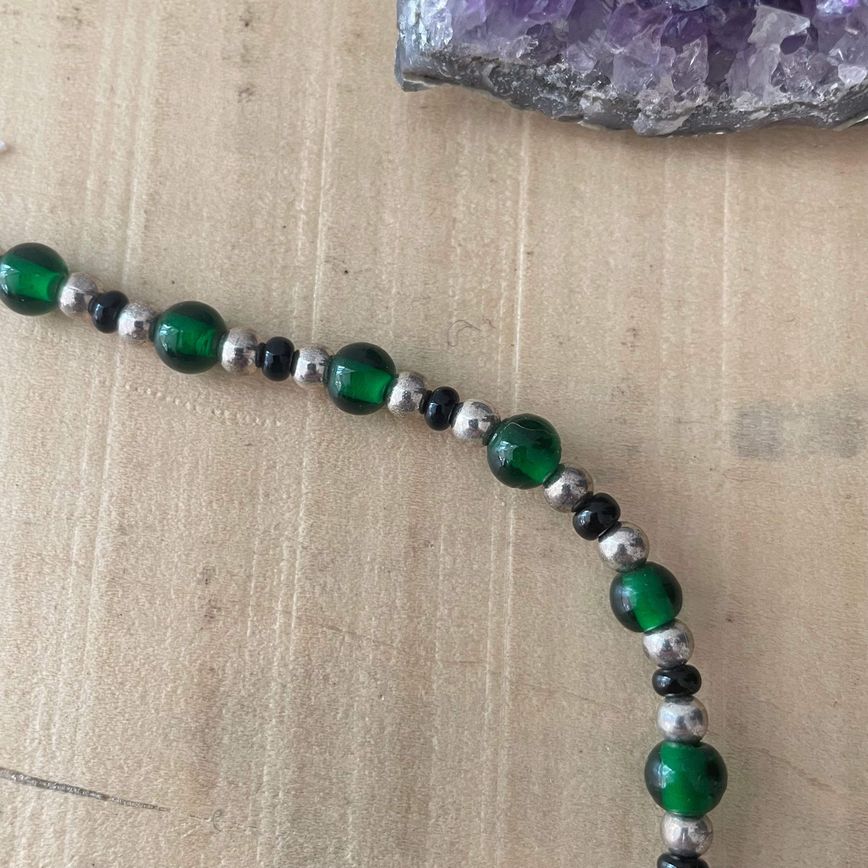 Small/Kids Glass Bead Necklace 14” Handmade Dark Green Silver Black Minimalist Gift Everyday Daily Wear Unisex
