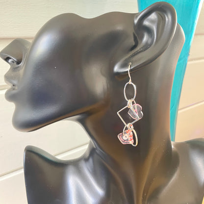 Handmade Cane Glass Heart Dangle Earrings 2.5" Geometric Clear Red Multicolor Valentine's Gift Idea Large Chain