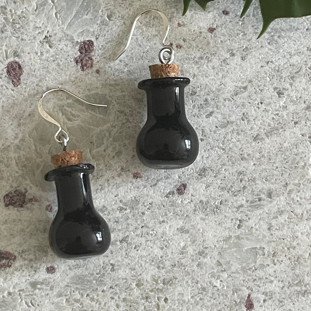 Black Glass Potion Earrings Casual Women's Earrings Fun Halloween Spooky Vials Handmade