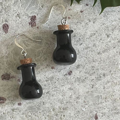 Black Glass Potion Earrings Casual Women's Earrings Fun Halloween Spooky Vials Handmade