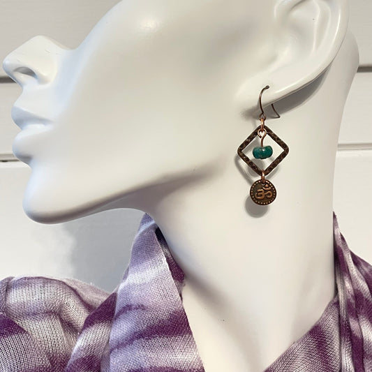 Textured Copper & Green Jasper Dangle Earrings 1.75" Handmade Om Symbol Geometric Women's Everyday Casual Jewelry Gift