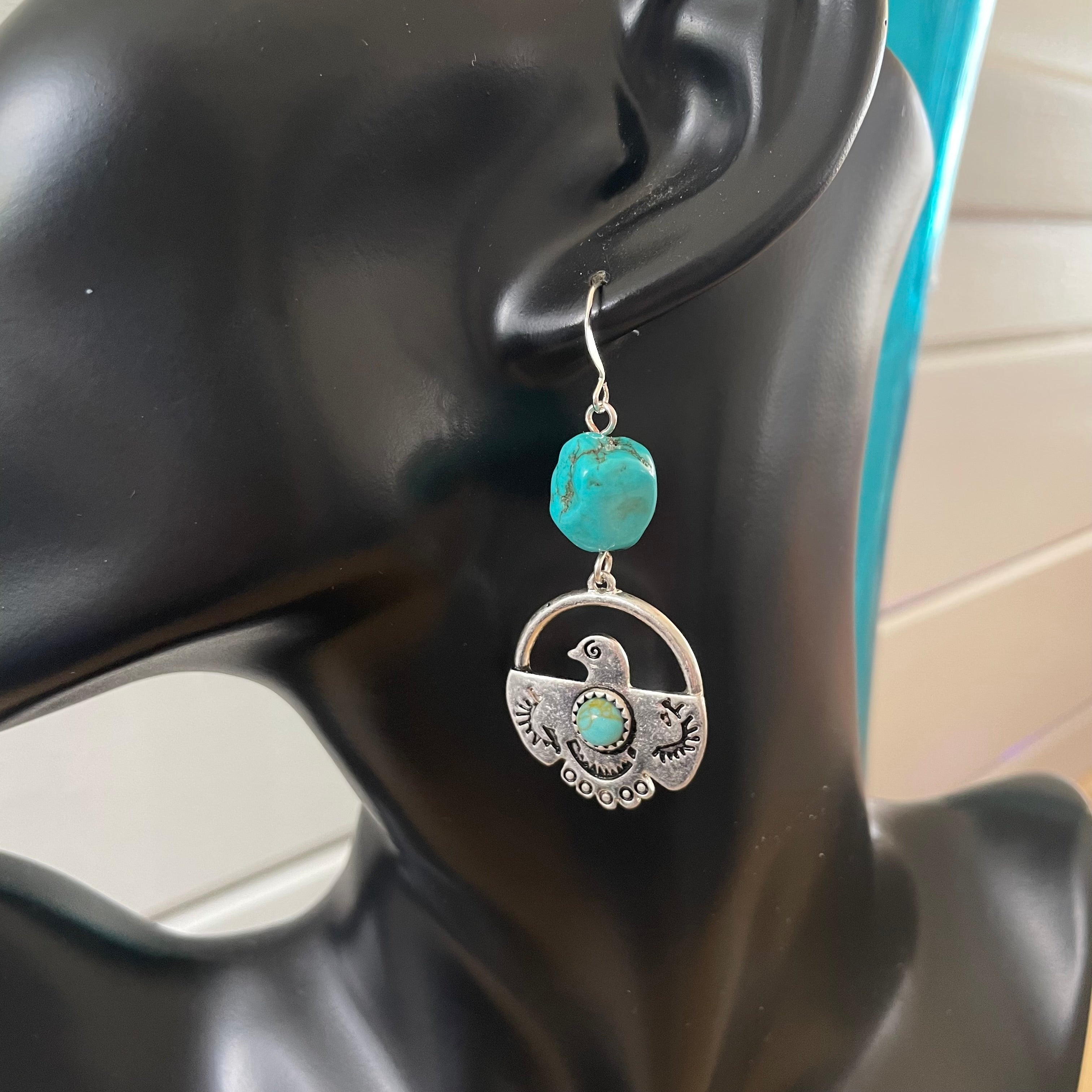 Dangling Bird & Turquoise Nugget Earrings 2.5" Southwest Western Stamped Mixed Metal Blue Green Magnesite Handcrafted Women Gift Idea