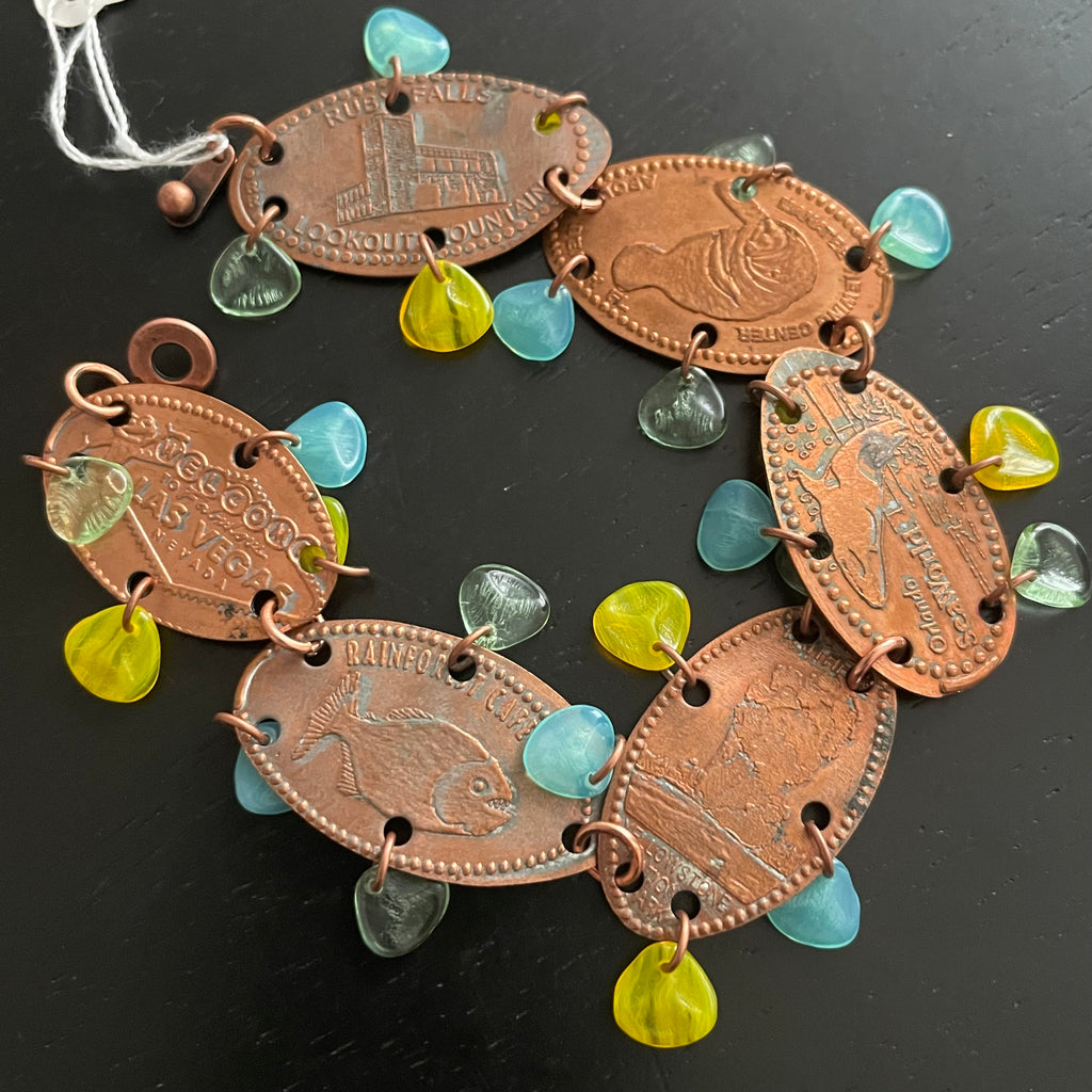 Flattened Penny Bracelet Czech Glass Accents Casual Women's Jewelry Yellow Blue Gift Idea