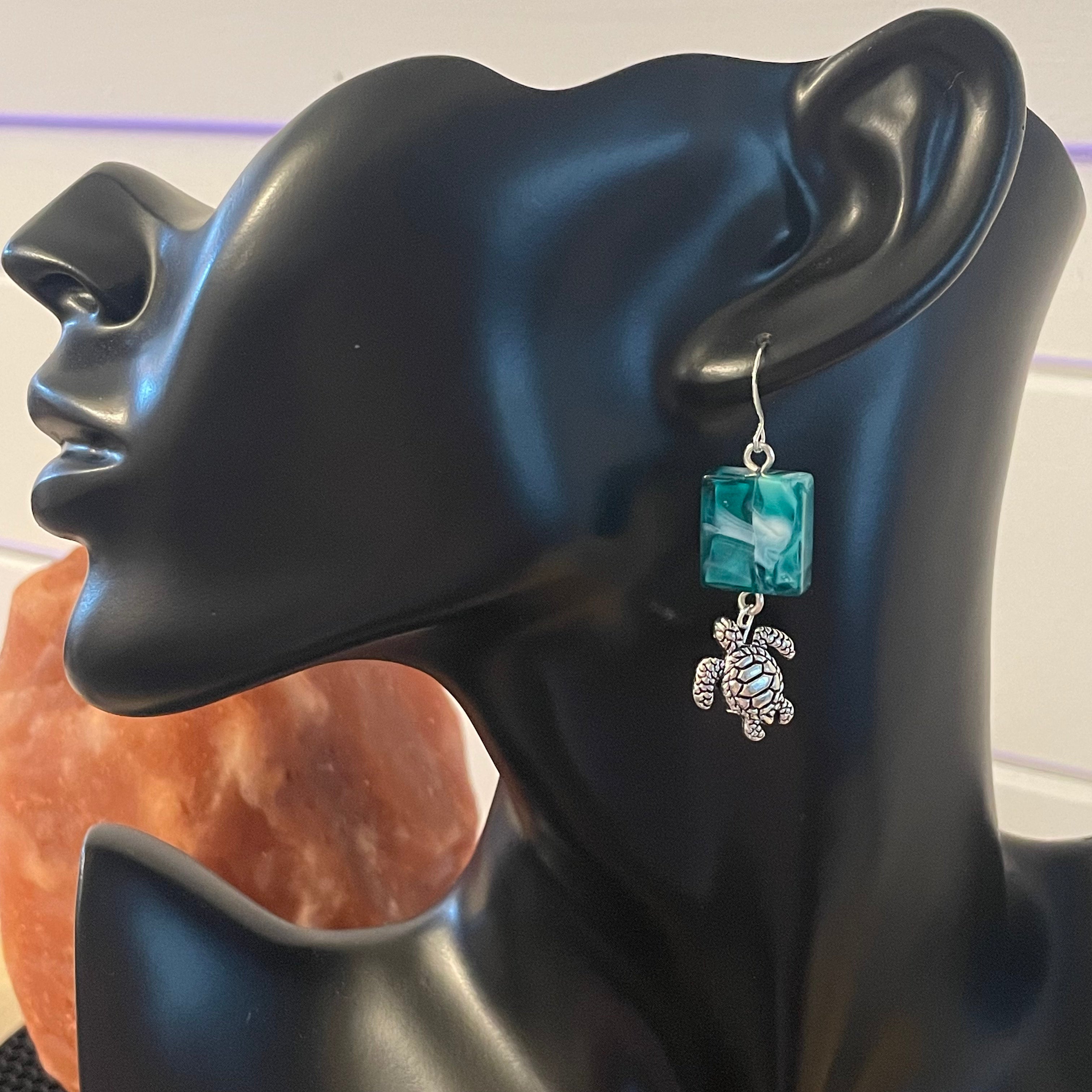 Smokey Swirl Blue & White Pressed Glass Bead & Mixed Metal Turtle Earrings Geometric Ocean Sea Life Women Gift Everyday Fashion Handmade Jewelry