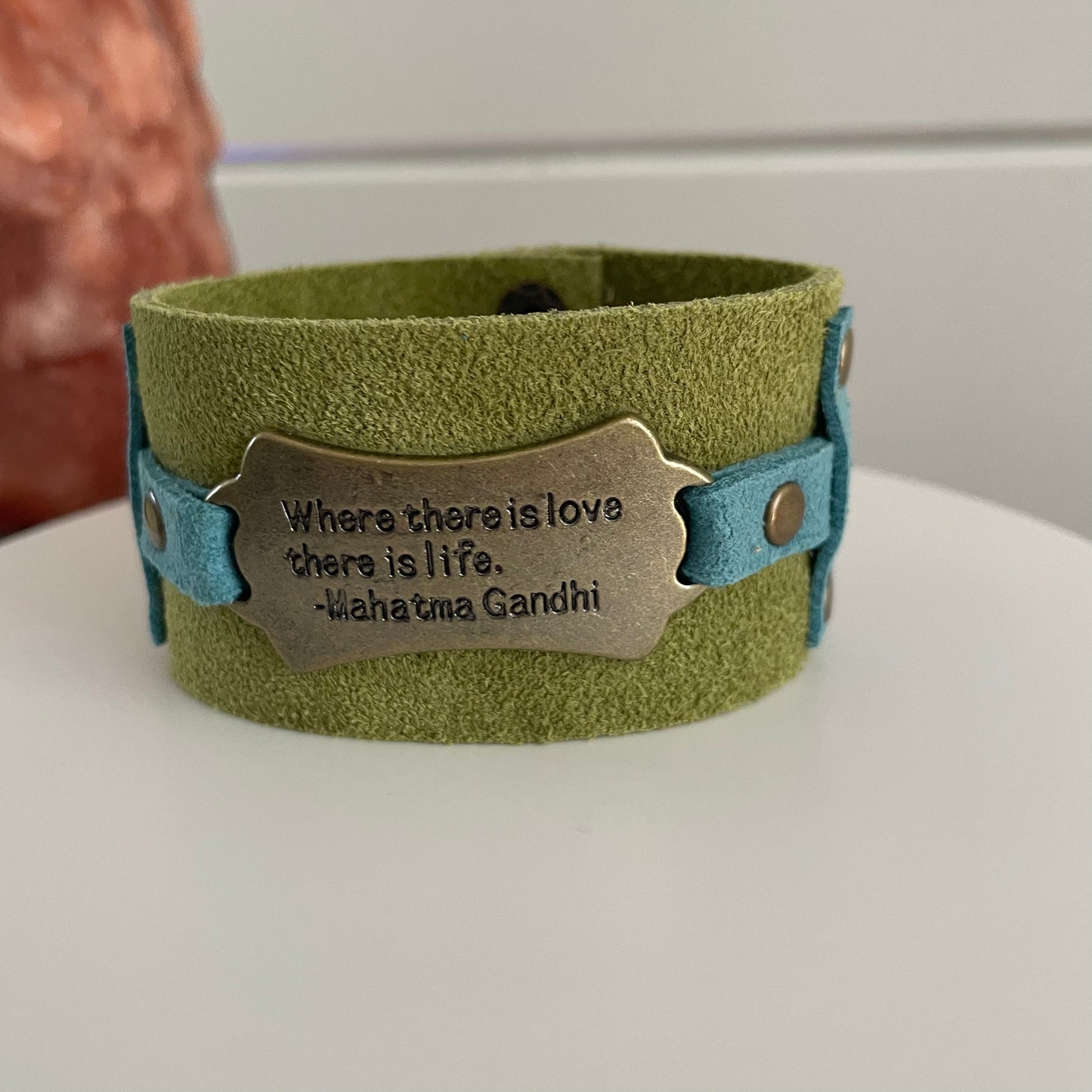 Green & Blue Suede Cuff Bracelet 7.25" Where There Is Love Life Ghandi Quote Brass Mixed Metal Inspiration Positive Unisex