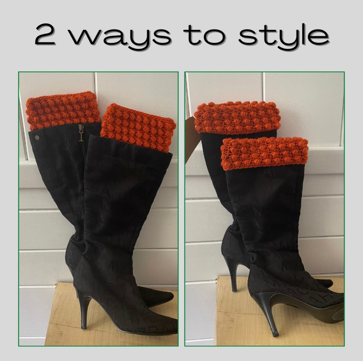 Boot Cuffs in Rusty Salmon Puff Stitch 11.5" Hand Crocheted Knit Fall Winter Hiking Indoor Outdoor Cozy Leg Warmers