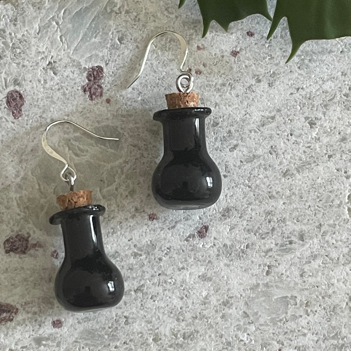 Black Glass Potion Earrings Casual Women's Earrings Fun Halloween Spooky Vials Handmade
