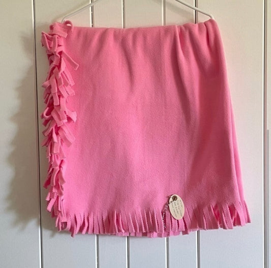 Hand Crafted Pink Fleece Baby Blanket NWT 42” x 40” Wide Fringe Kids Toddler Child Bedding Single Layer