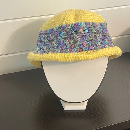 Rolled Brim Hat in Sunshine Yellow Hand Crafted Knit Unisex Vintage Retro Style Outdoor Crocheted Blue Purple Marble Accent