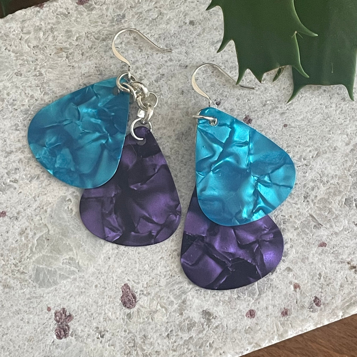 Blue & Purple Guitar Pick Earrings Casual Jewelry Musician Gift Idea Lightweight Dangles Fun Upcycled Repurposed