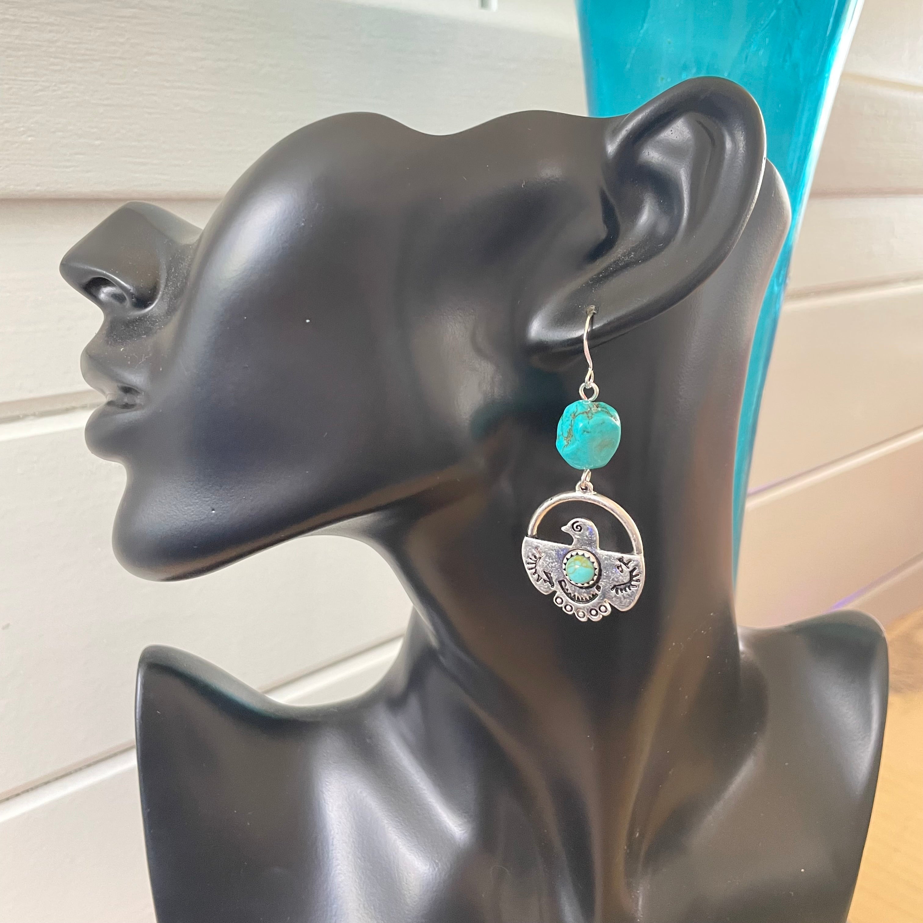 Dangling Bird & Turquoise Nugget Earrings 2.5" Southwest Western Stamped Mixed Metal Blue Green Magnesite Handcrafted Women Gift Idea