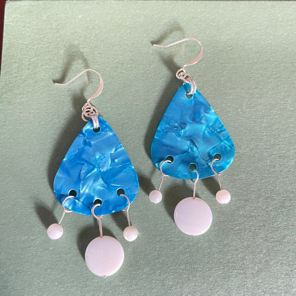 Blue Guitar Pick White Glass Drop Earrings Fun Casual Women's Jewelry Upcycled Music Musician Gift Band 2.5"