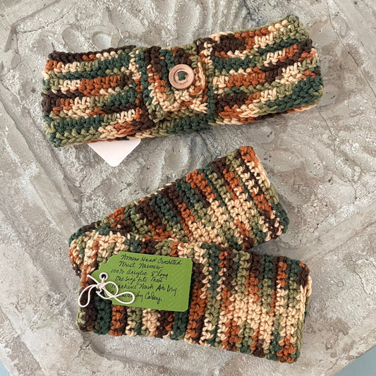 Gift Set Fingerless Gloves & Ear Warmers Brown Green Camouflage Wood Button Accent Knit Fall Winter Handmade 2 Piece Crochet Accessory