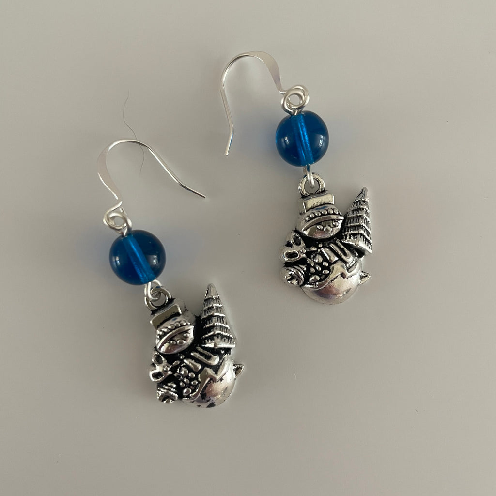 Snowman Holding Tree Charm & Round Blue Bead Earrings 1.75" Mixed Metal Glass Winter Snow Frosty Fun Holiday