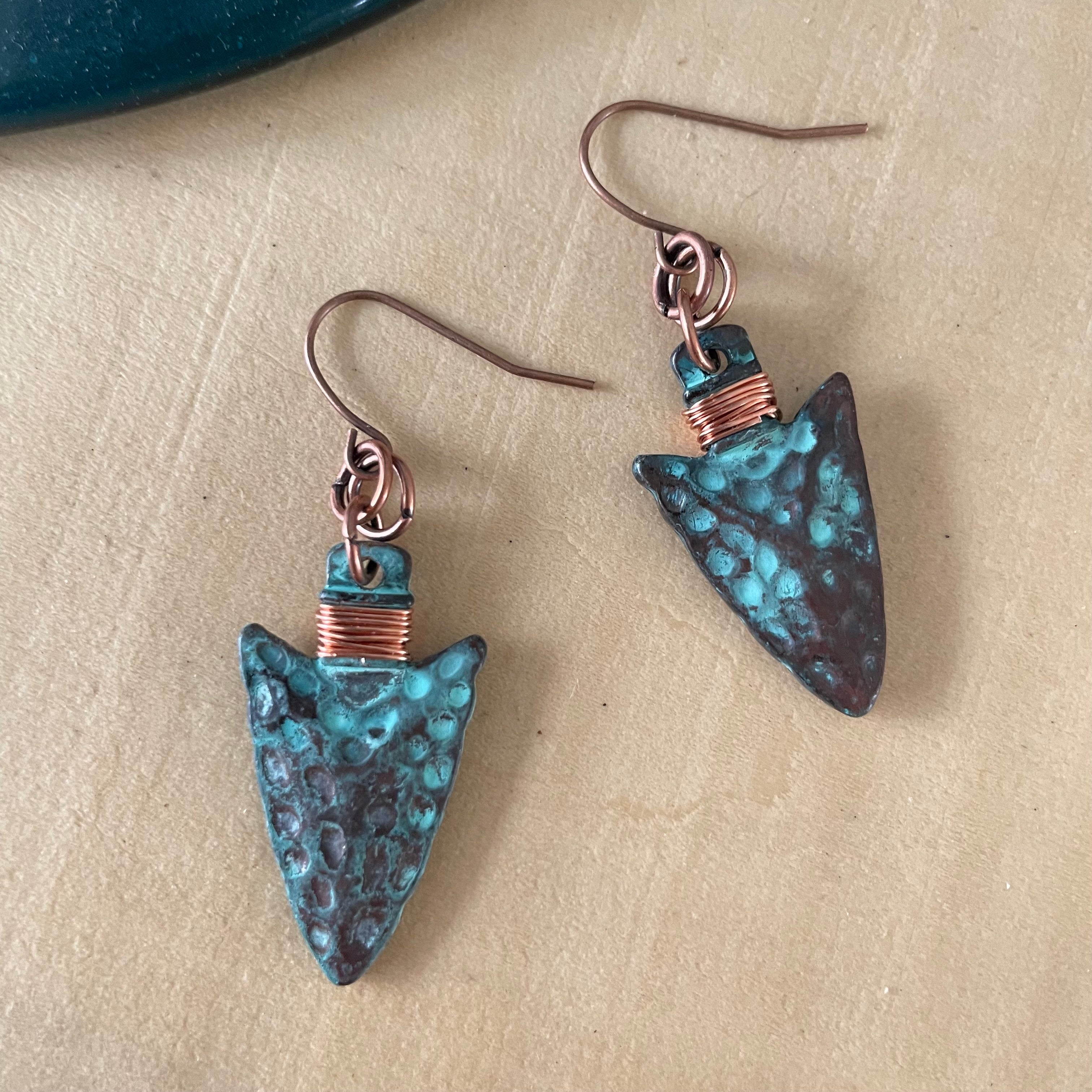 Handmade Mixed Metal Arrowhead Earrings 1.75" Hammered Texture Copper Patina Southwestern Western Women Gift Everyday Fashion Jewelry