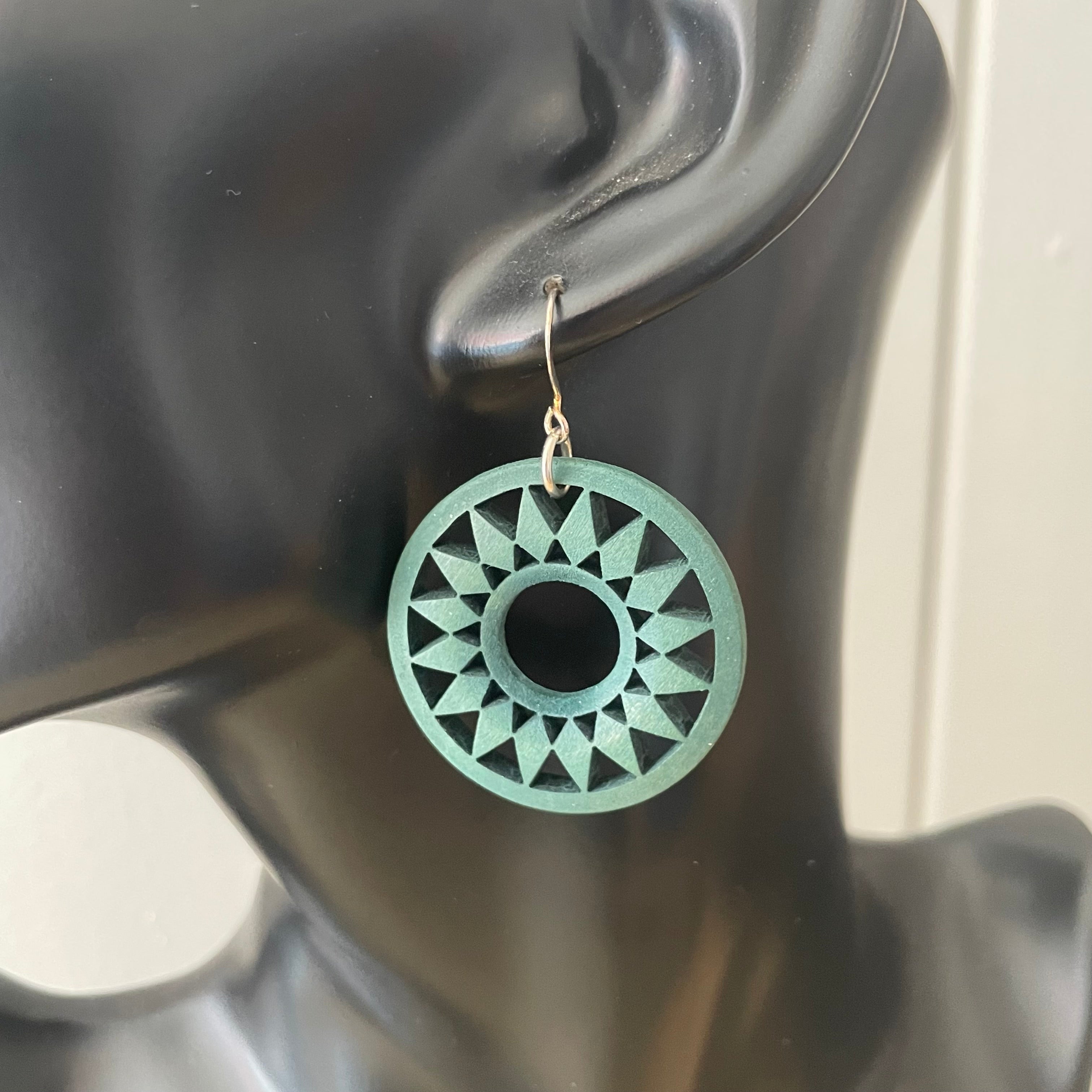 Large Dark Green Carved Wood Earrings 2" Handmade Lightweight Bold Statement Sunburst Floral Nature Geometric Women Gift Idea