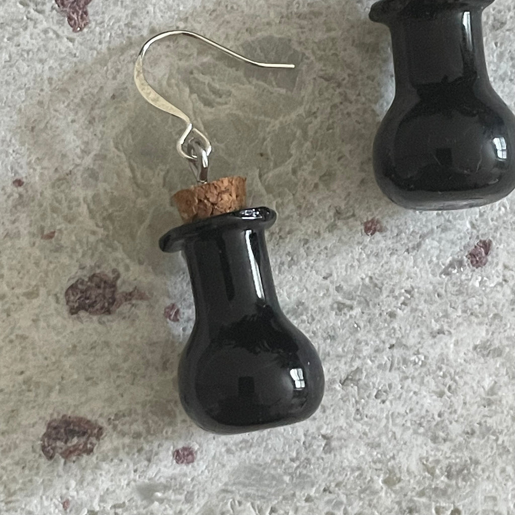 Black Glass Potion Earrings Casual Women's Earrings Fun Halloween Spooky Vials Handmade