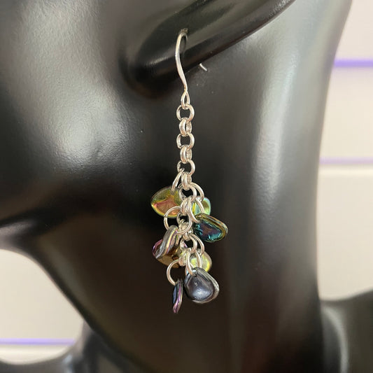 Handmade Iridescent Glass Leaf Dangle Earrings Green Brown Yellow 2" Chain Colorful Metallic Autumnal Fall