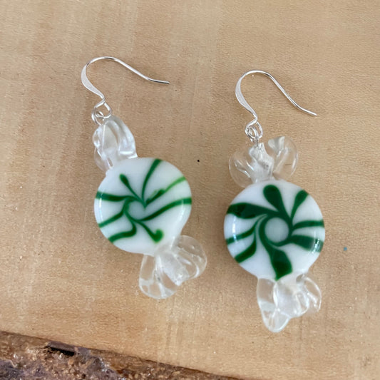 Green Peppermint Candy Earrings 2" Swirled White Clear Green Glass Holiday Whimsy Fun Playful Stocking Filler