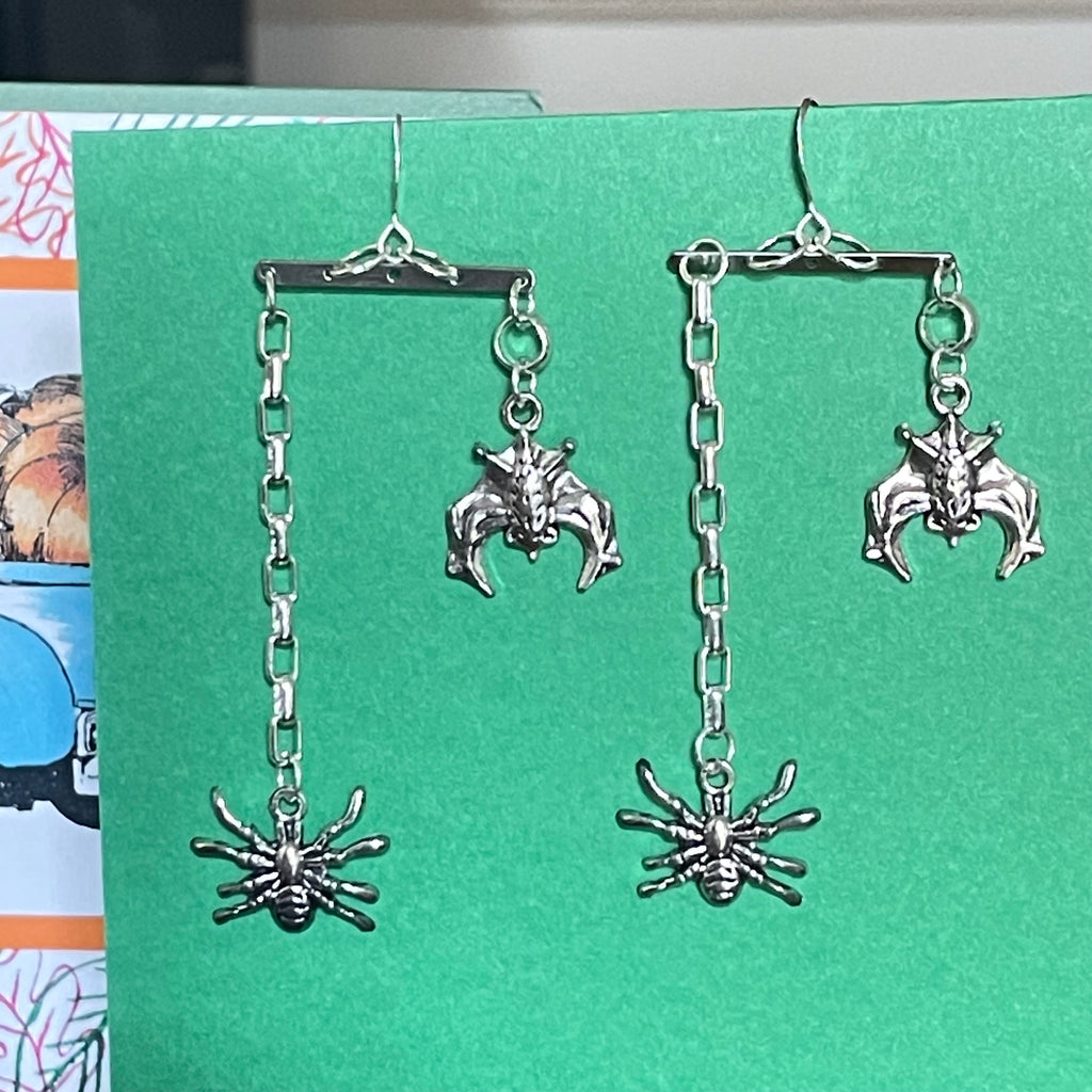 Bat & Spider Halloween Charm Chain Earrings Fun Holiday Casual Women's Jewelry 3"