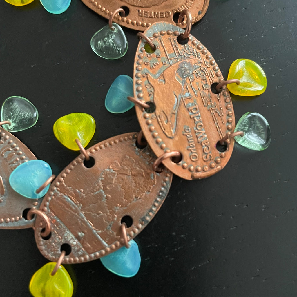 Flattened Penny Bracelet Czech Glass Accents Casual Women's Jewelry Yellow Blue Gift Idea