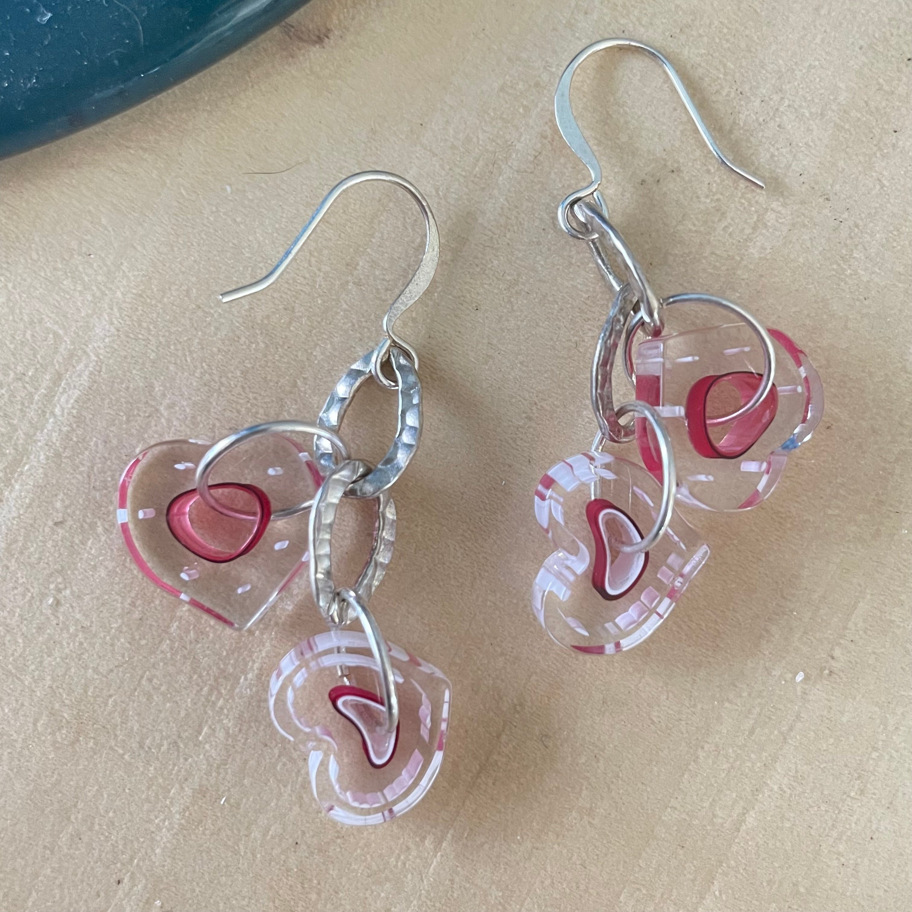 Handmade Cain Glass Heart & Chain Dangle Earrings 1.75" Clear Red Stripe Polka Dot Valentine's Love Statement