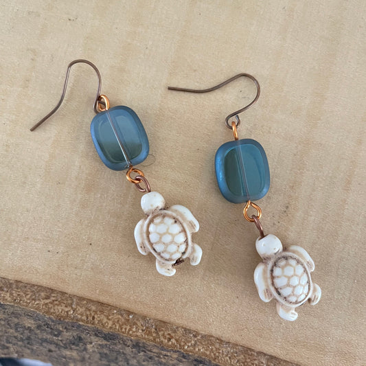 Translucent Blue Glass Drop & Cream Magnesite Turtle Dangle Earrings Handmade Geometric Ocean Sea Life Copper