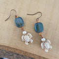 Translucent Blue Glass Drop & Cream Magnesite Turtle Dangle Earrings Geometric Ocean Sea Life Copper Women Gift Everyday Fashion Handmade Jewelry