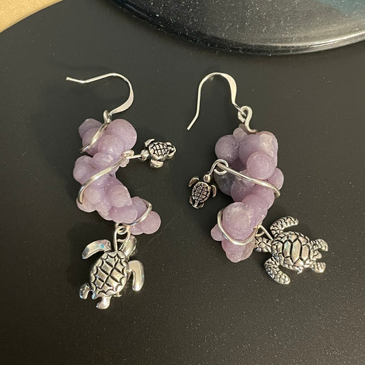 Grape Agate & Mixed Metal Turtle Statement Earrings Handmade Wire Wrapped Ocean Sea Life