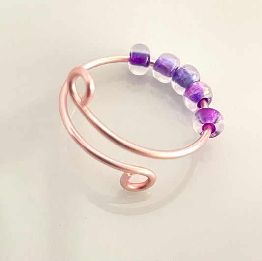 Single Adjustable Fidget Ring in Rose Copper/Translucent Purple Bead Anti Anxiety Stress Spinner Wire