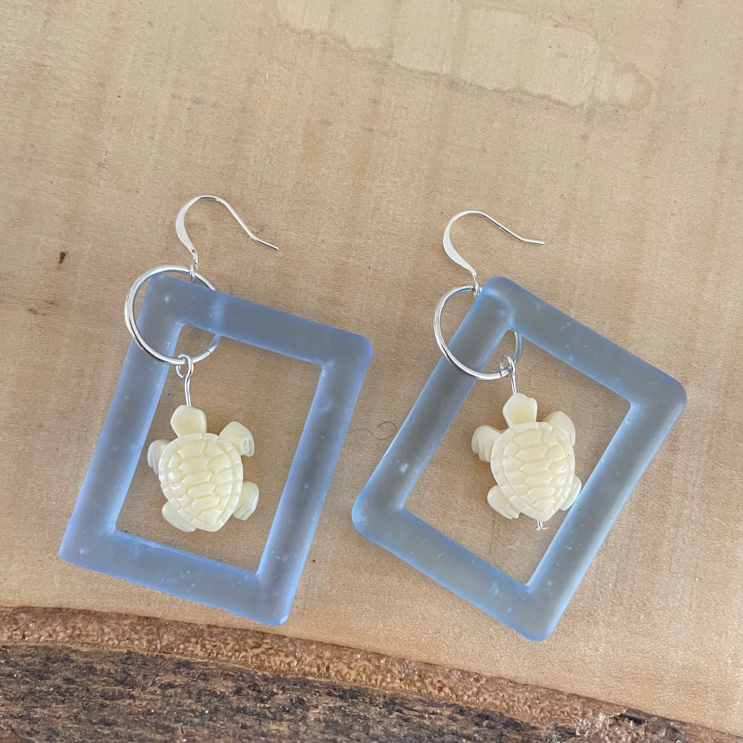 Pastel Blue Frosted Glass & Cream Acrylic Turtle Earrings Handmade Geometric Large Statement Ocean Sea Life
