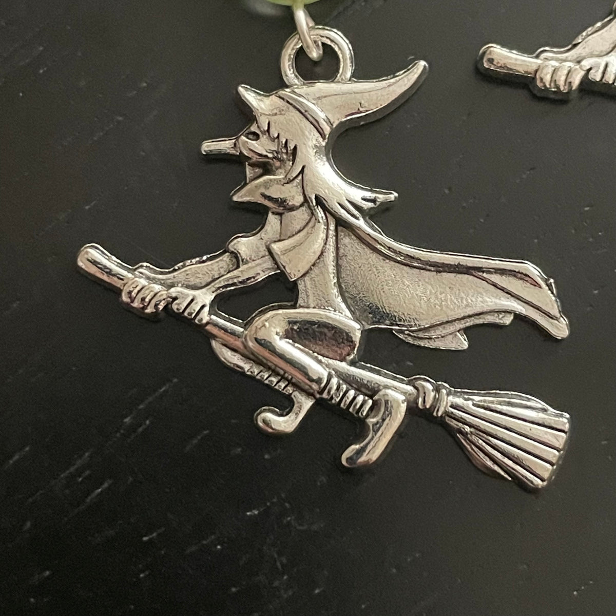 Flying Witch Earrings Green Glass Halloween Women's Casual Dangle Fall Jewelry Mixed Metal Charm 2.75"