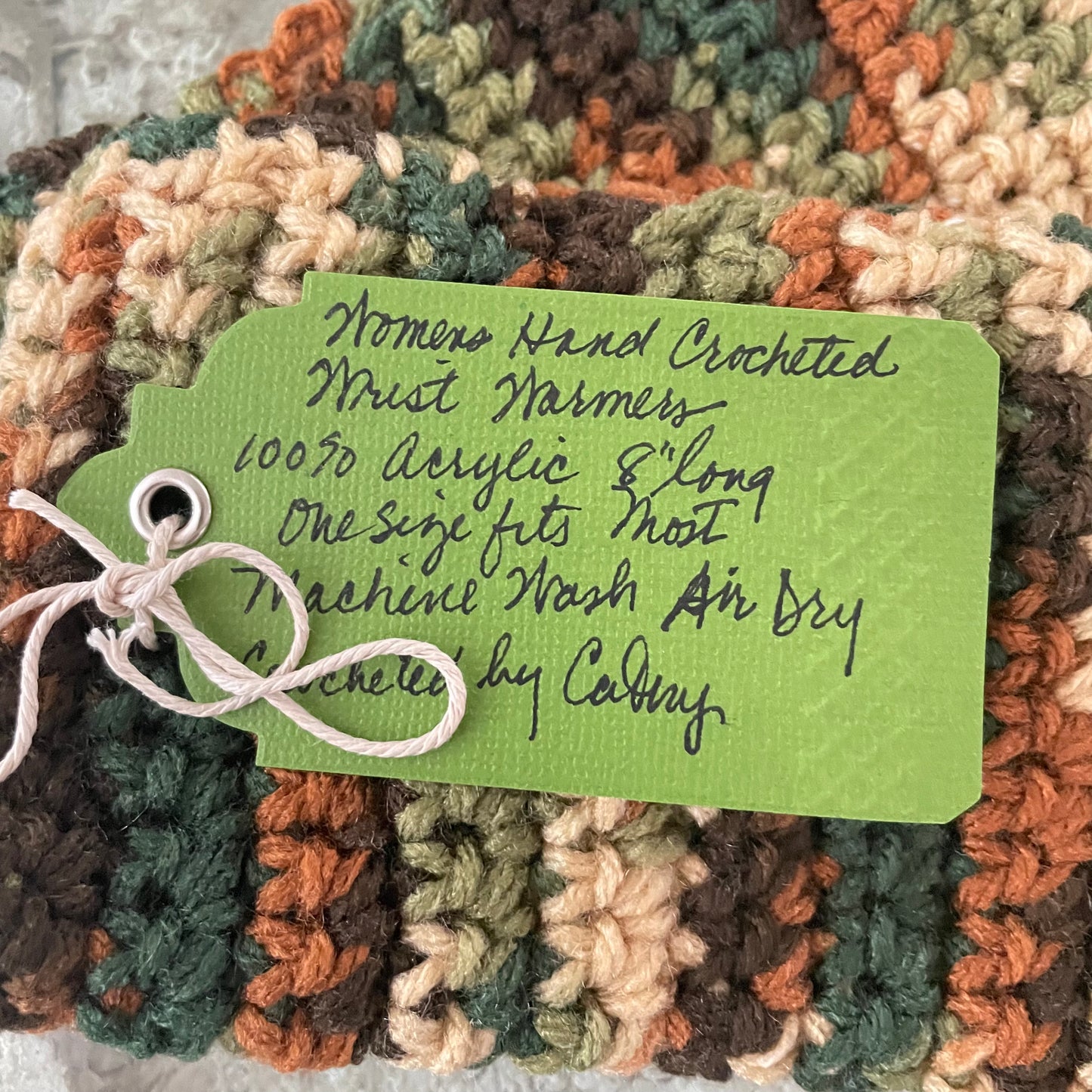 Gift Set Fingerless Gloves & Ear Warmers Brown Green Camouflage Wood Button Accent Knit Fall Winter Handmade 2 Piece Crochet Accessory