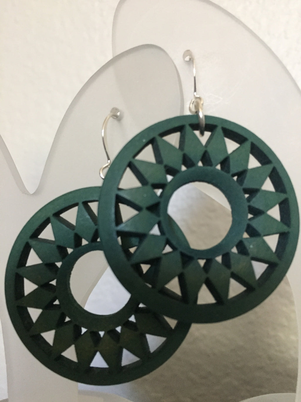 Large Dark Green Carved Wood Earrings 2" Handmade Lightweight Bold Statement Sunburst Floral Nature Geometric Women Gift Idea