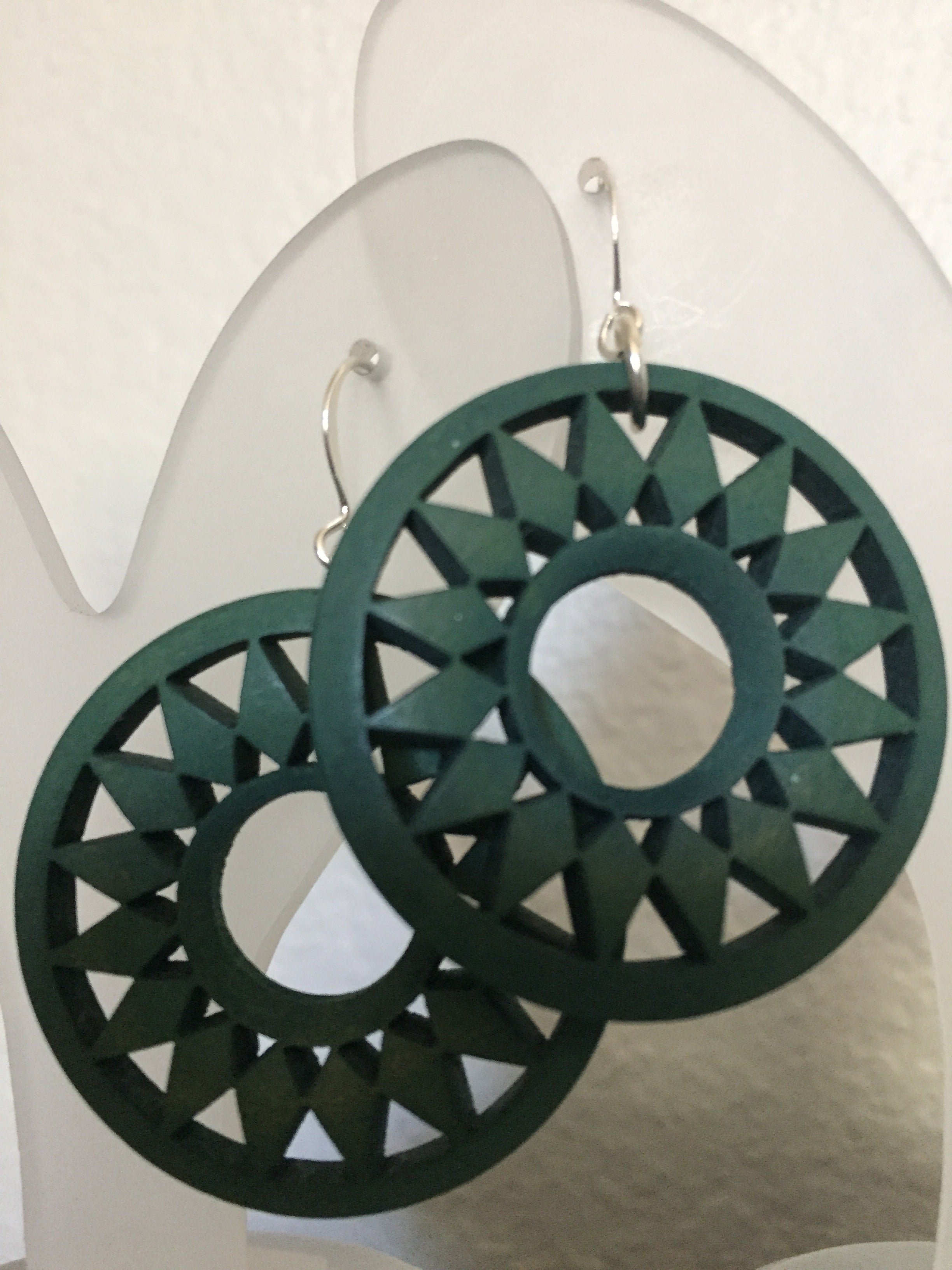 Large Dark Green Carved Wood Earrings 2" Handmade Lightweight Bold Statement Sunburst Floral Nature Geometric Women Gift Idea