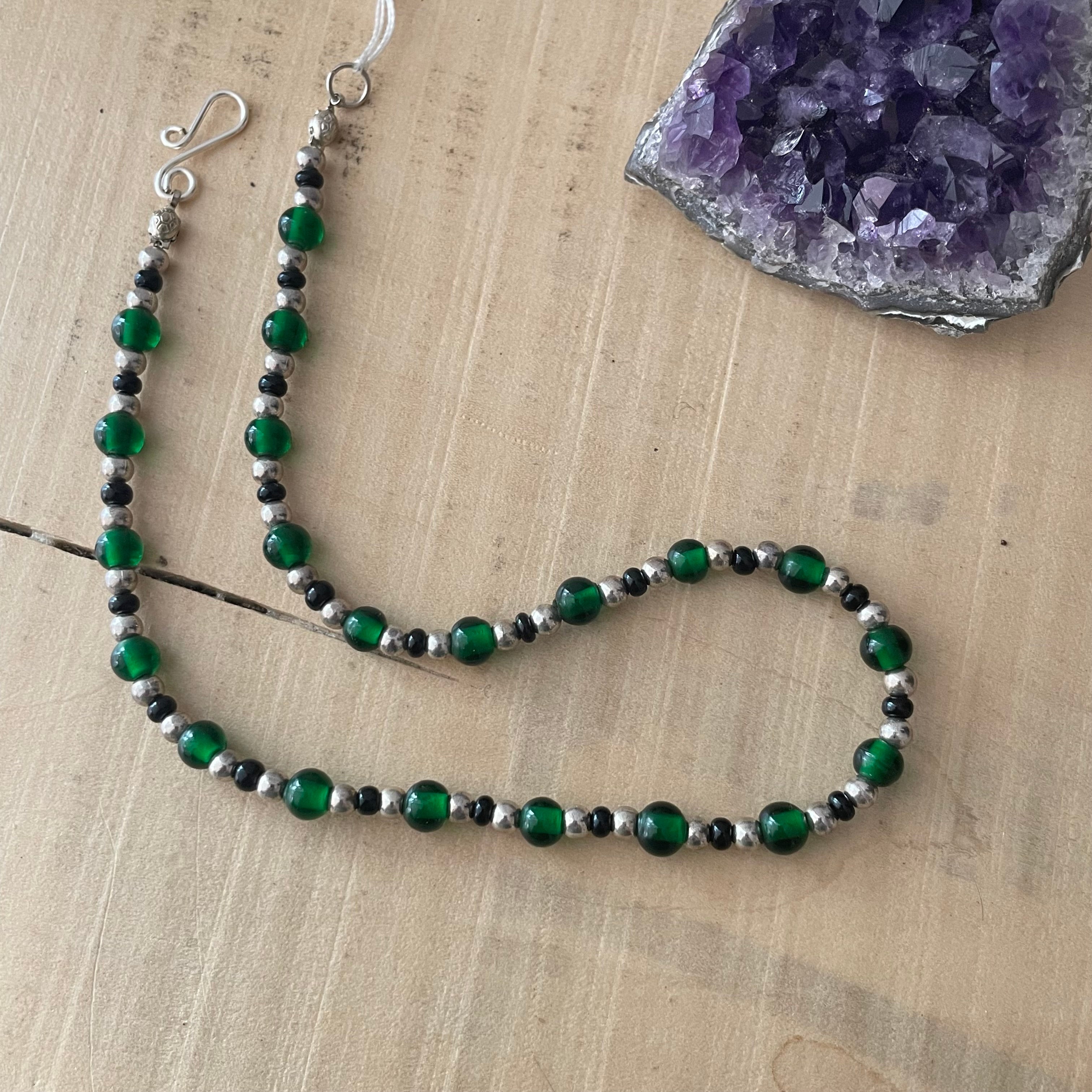 Small/Kids Glass Bead Necklace 14” Handmade Dark Green Silver Black Minimalist Gift Everyday Daily Wear Unisex