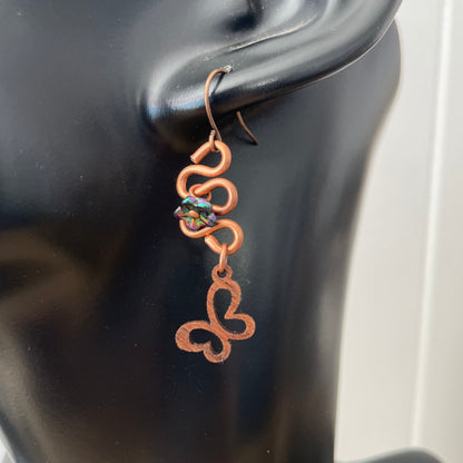 Hand Turned Copper Wire Butterfly Flower Earrings 1.75" Handmade Layered Wood Glass Dangles Women Gift Idea