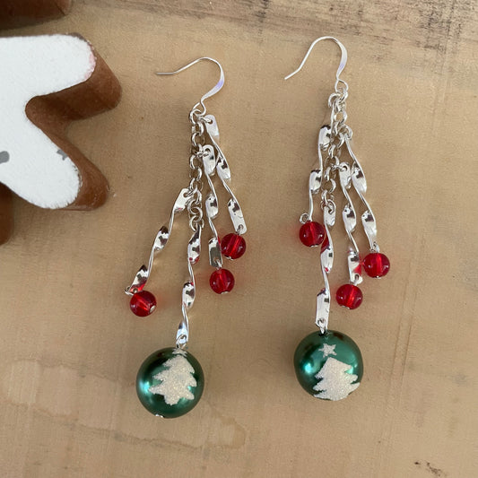 Long Twisted Bar & Christmas Tree Ornament Earrings Dangle Sparkle Red Green Silver Holiday Festive Party Colorful Statement