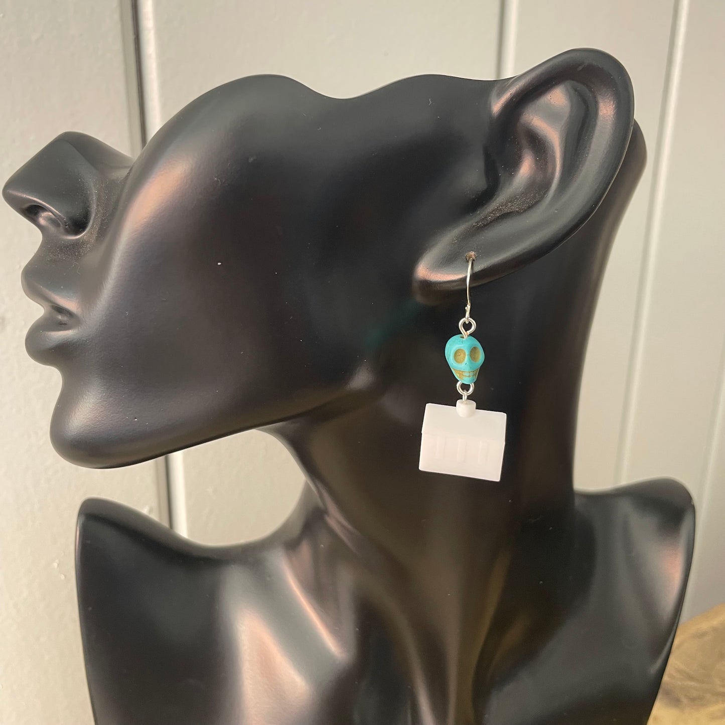 Mini Skull "Haunted Hotel" Earrings 1.75" Turquoise Magnesite Blue White Street Halloween Humor Fun Handmade Repurposed