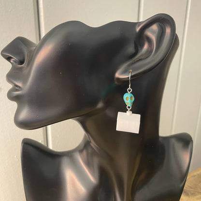Mini Skull "Haunted Hotel" Earrings 1.75" Turquoise Magnesite Blue White Street Halloween Humor Fun Handmade Repurposed