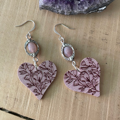 Handmade Rose Quartz Wooden Embossed Heart Dangle Earrings Romantic Valentine's Day Women's Jewelry Gift Casual Everyday