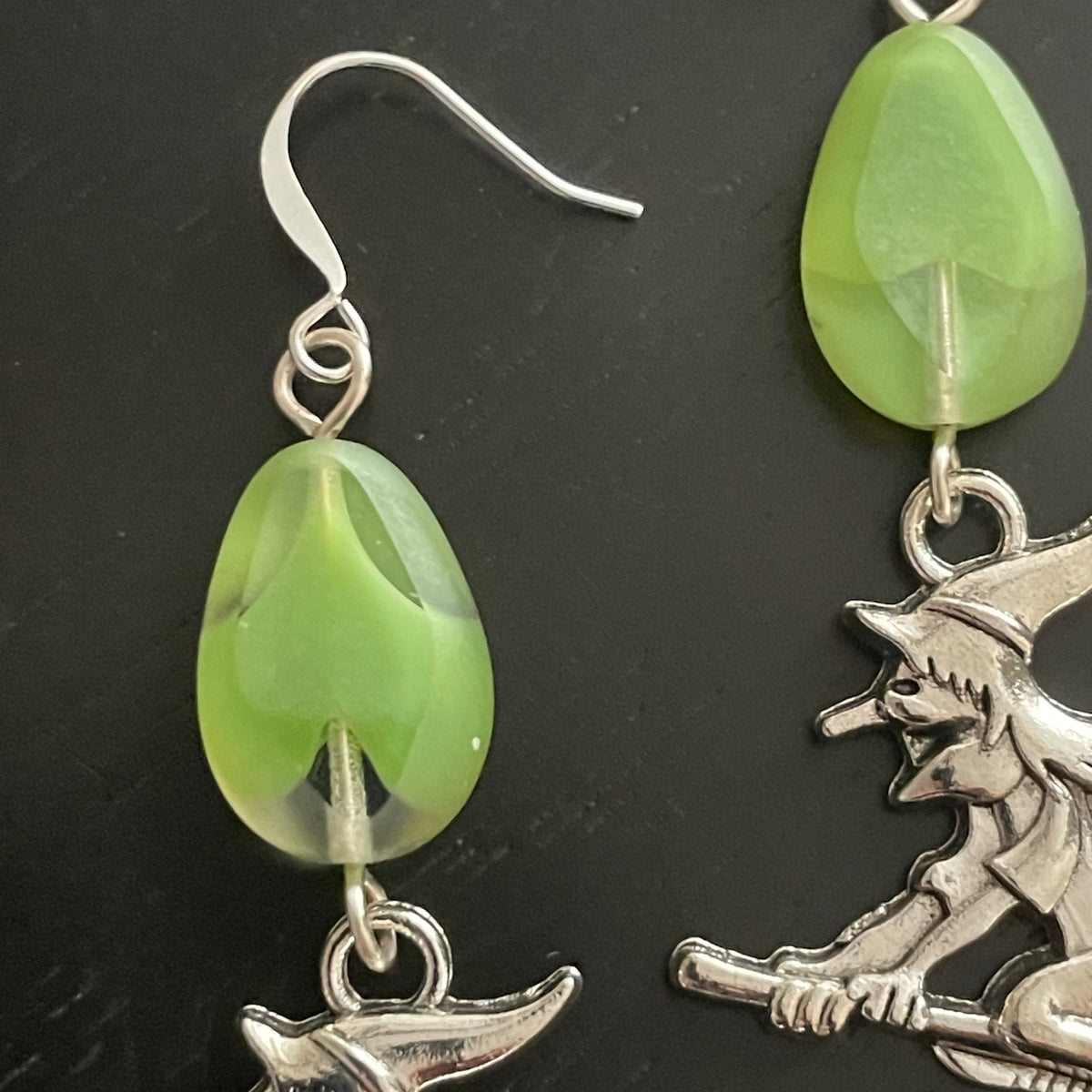 Flying Witch Earrings Green Glass Halloween Women's Casual Dangle Fall Jewelry Mixed Metal Charm 2.75"