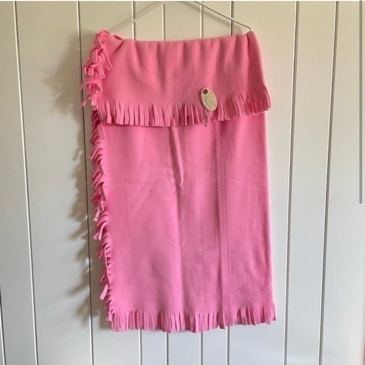 Hand Crafted Pink Fleece Baby Blanket NWT 42” x 40” Wide Fringe Kids Toddler Child Bedding Single Layer